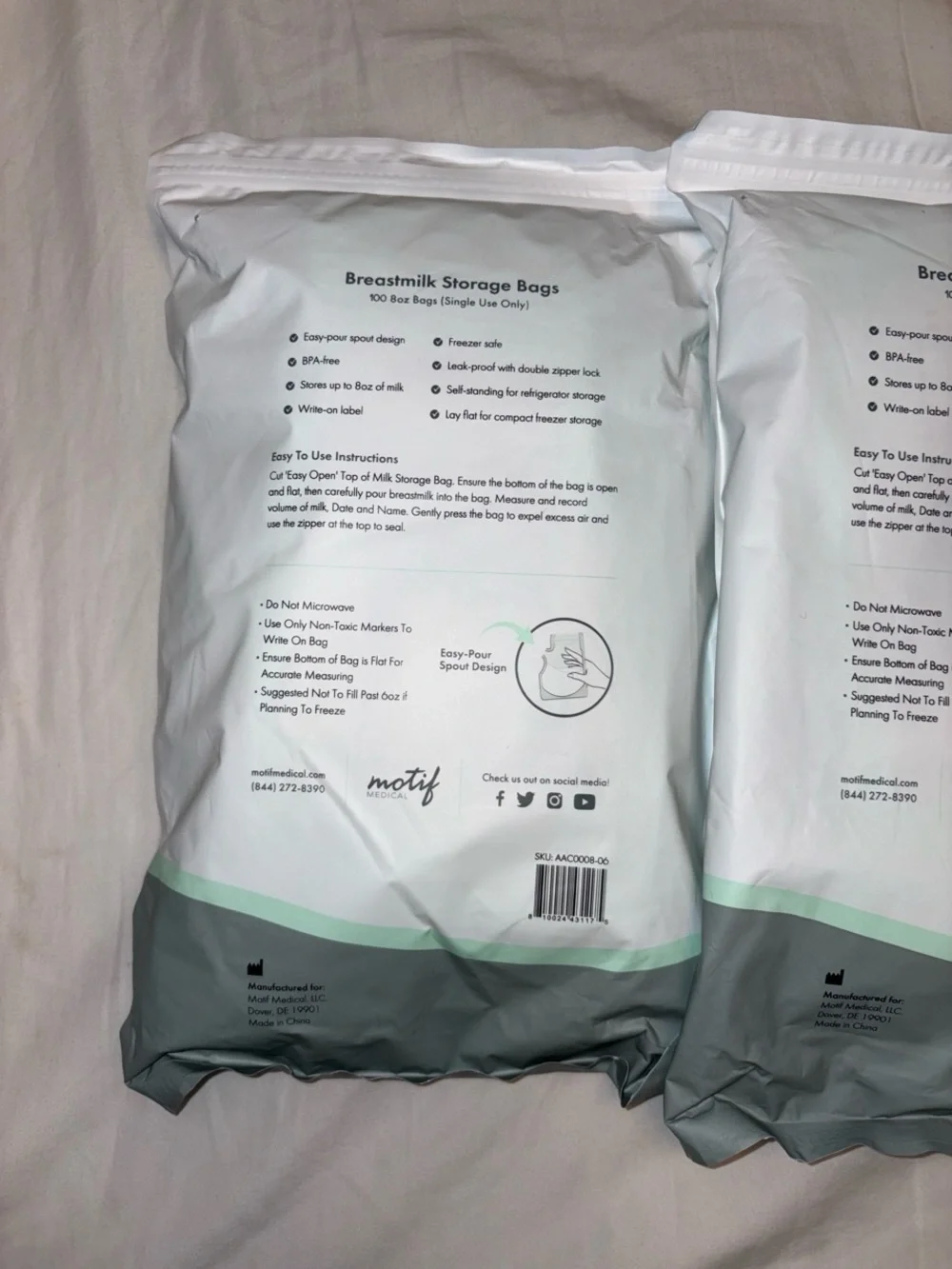 Motif Medical White Breastmilk Storage Bags - 100 Count